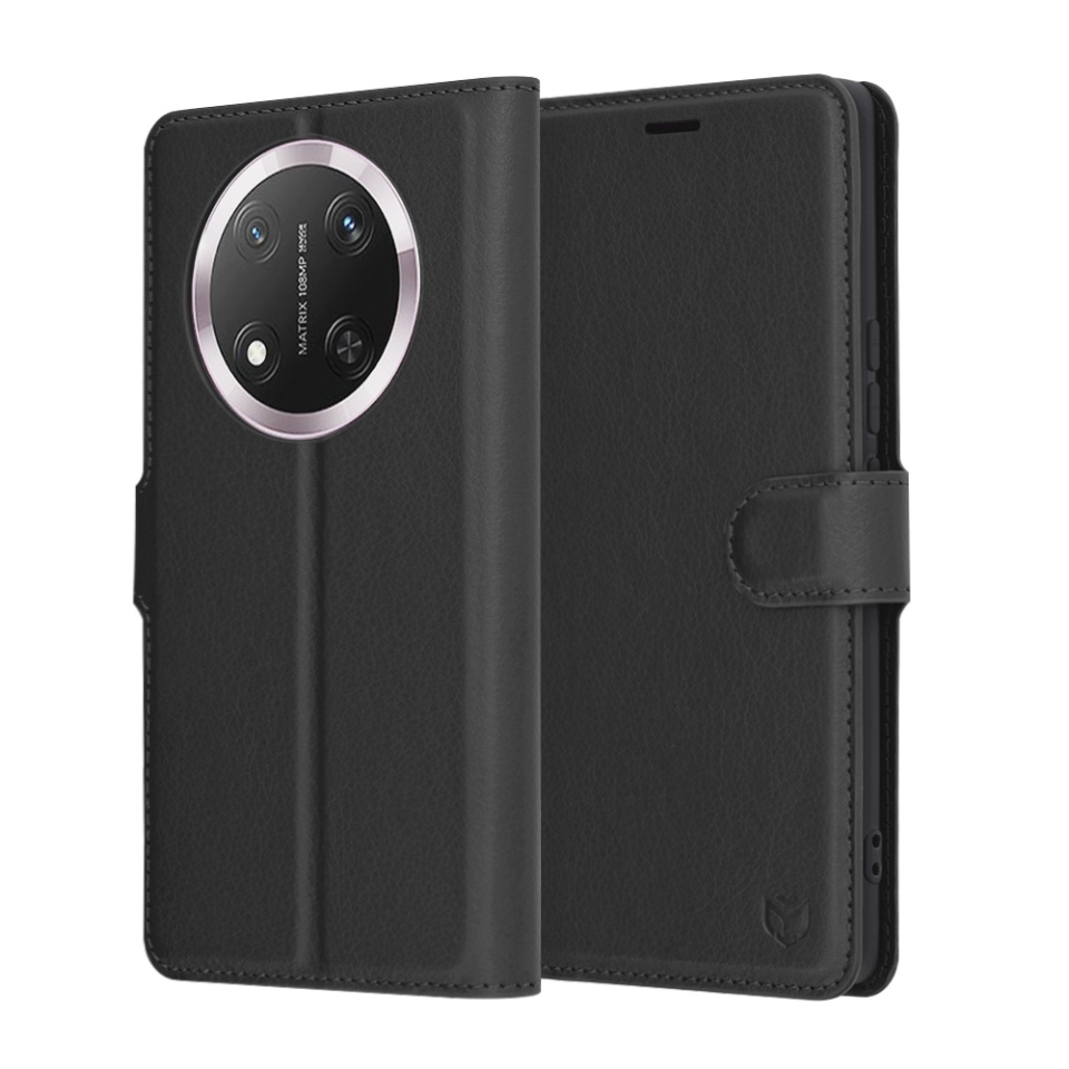 Husa pentru Honor X9c / Magic7 Lite, SKYDDAR INNOVATION, Leather Folio tip Carte, cu Portofel Interior, Finisaje Premium, set cu sticker, Negru