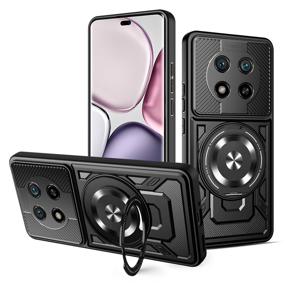 Husa pentru Honor X9c / Magic7 Lite, SKYDDAR INNOVATION, RuggedCam, Inel magnetic antisoc, set cu sticker, Negru