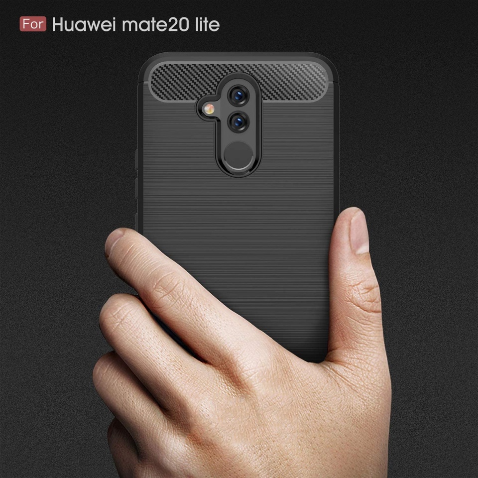 Husa pentru Huawei Mate 20 Lite, SKYDDAR INNOVATION, Carbon Silicone, din Silicon Slim, cu textura Fibra Carbon, set cu sticker, Negru - 1 | YEO