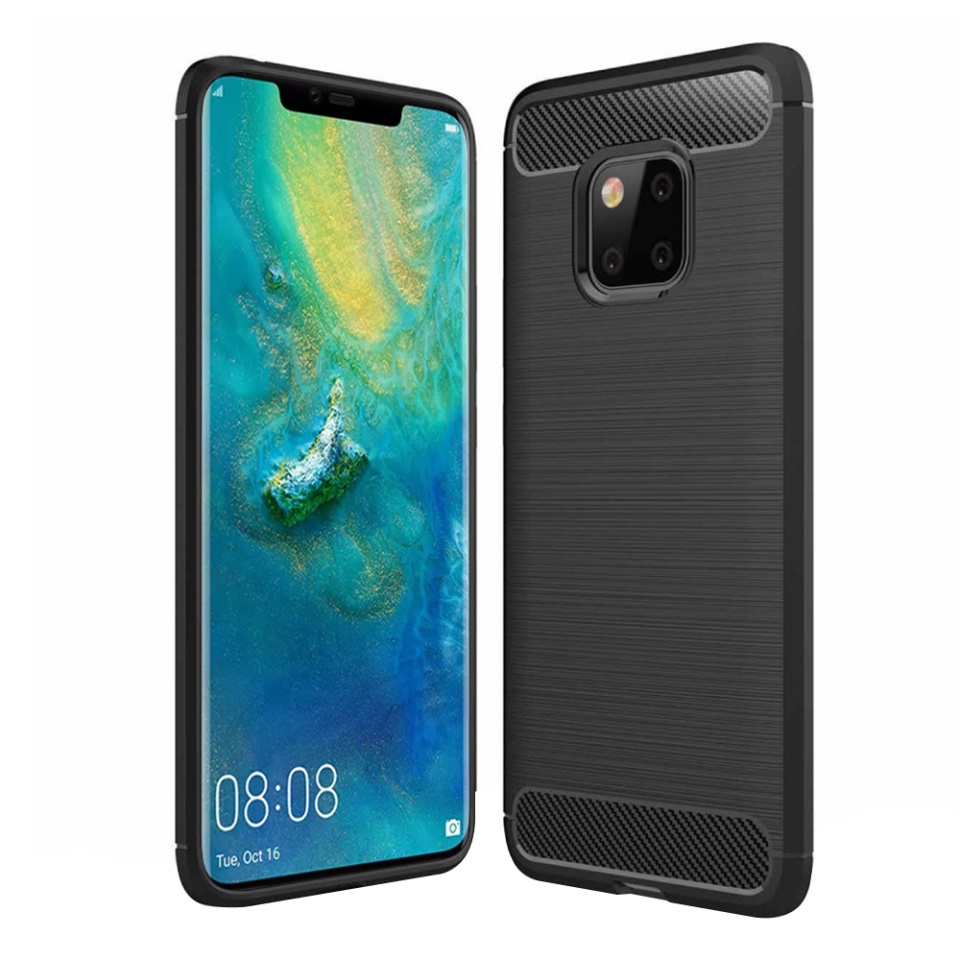 Husa pentru Huawei Mate 20 Pro din Silicon Premium, Slim, cu textura Fibra Carbon - Negru