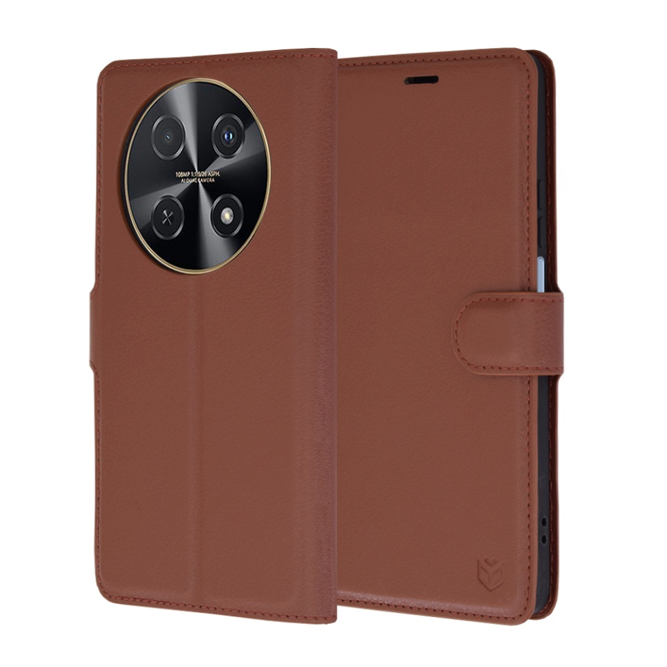 Husa pentru Huawei nova 12i / nova 13i, SKYDDAR INNOVATION, Leather Folio tip Carte, cu Portofel Interior, Finisaje Premium, set cu sticker, Maro