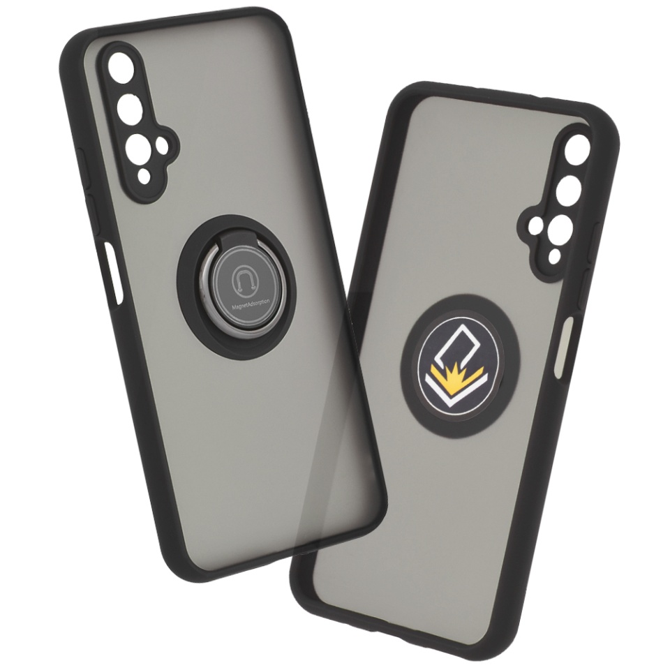 Husa pentru Huawei Nova 5T / Honor 20, SKYDDAR INNOVATION, Glinth cu Inel Rotativ 360° Magnetic, Negru, set cu sticker