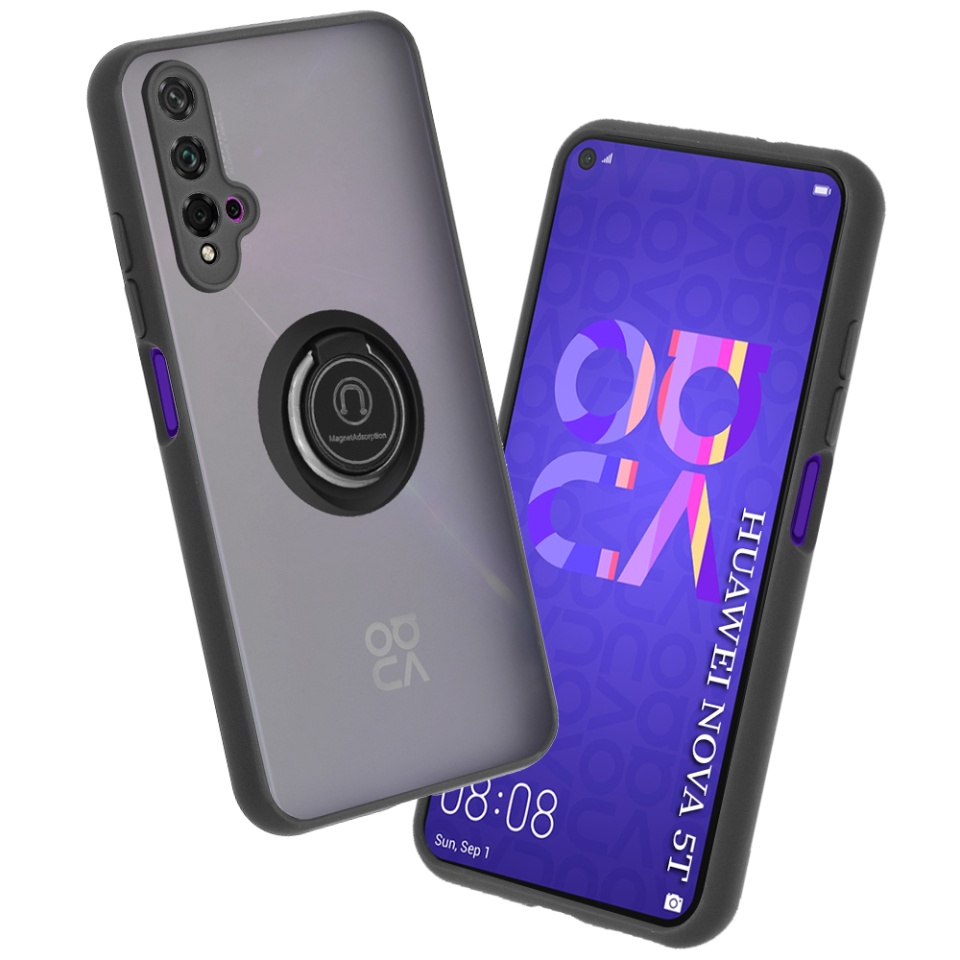 Husa pentru Huawei Nova 5T / Honor 20, SKYDDAR INNOVATION, Glinth cu Inel Rotativ 360° Magnetic, Negru, set cu sticker