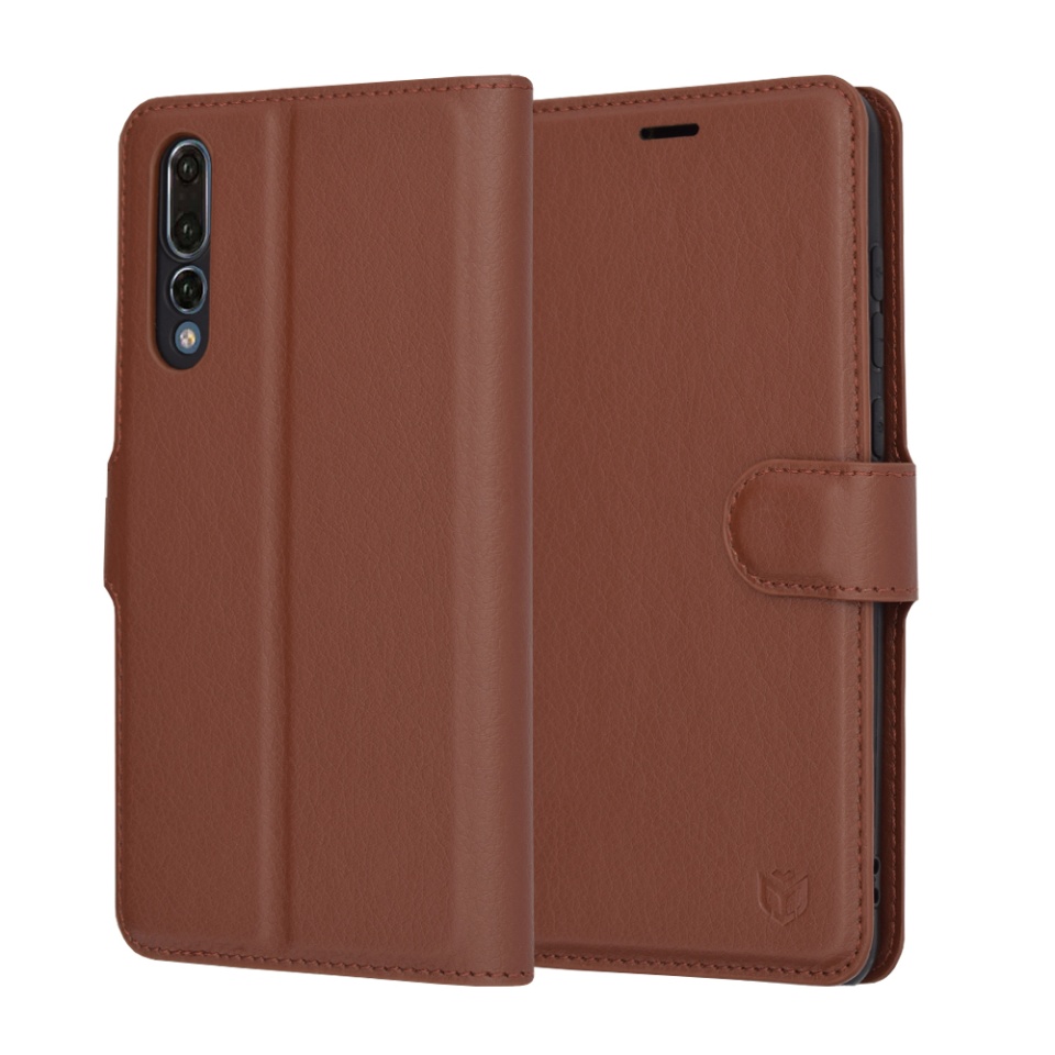Husa pentru Huawei P20 Pro, SKYDDAR INNOVATION, Leather Folio tip Carte, cu Portofel Interior, Finisaje Premium, set cu sticker, Maro