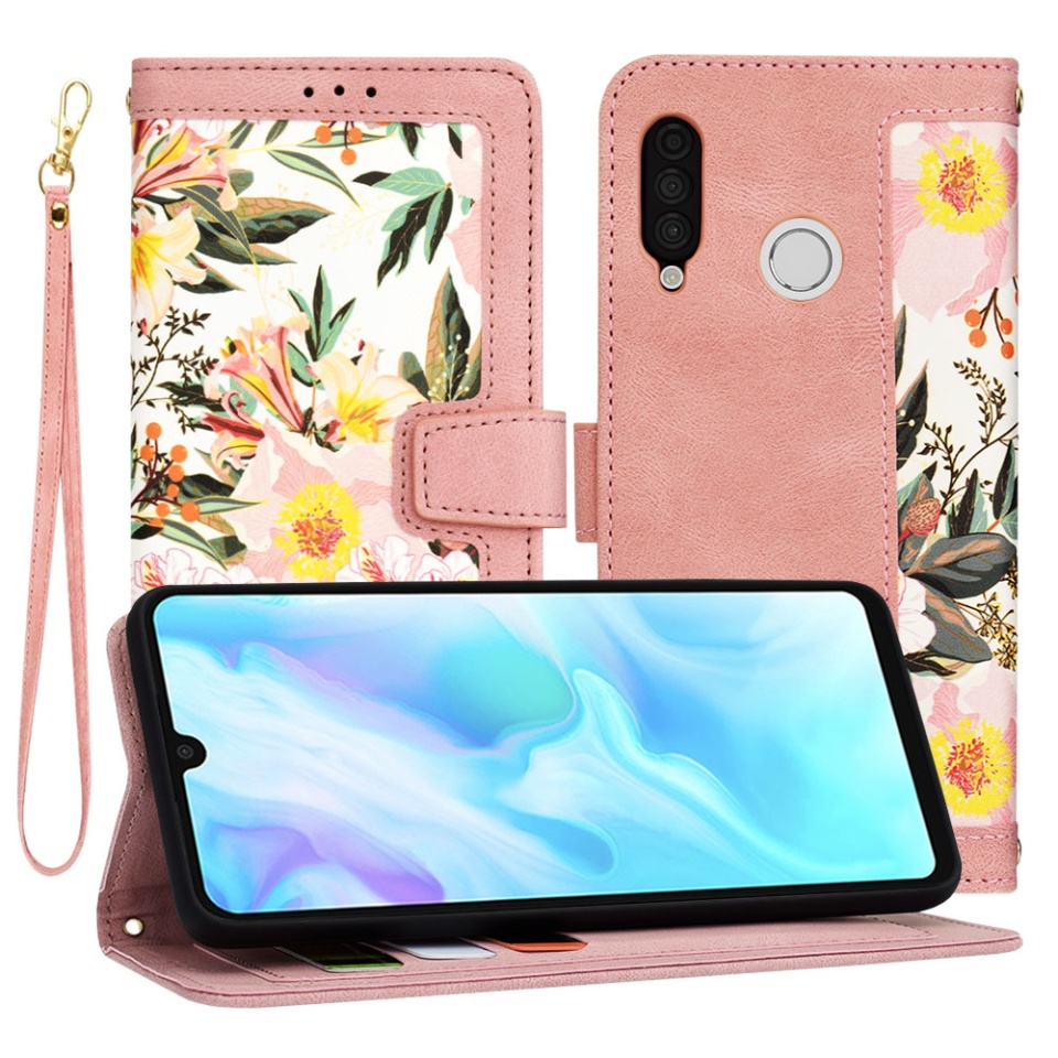Husa pentru Huawei P30 Lite / P30 Lite New Edition din Piele Ecologică cu Design Floral, Protecție 360°, Stand Integrat, Buzunare pentru Carduri, SKDR Floral Wallet - Roz