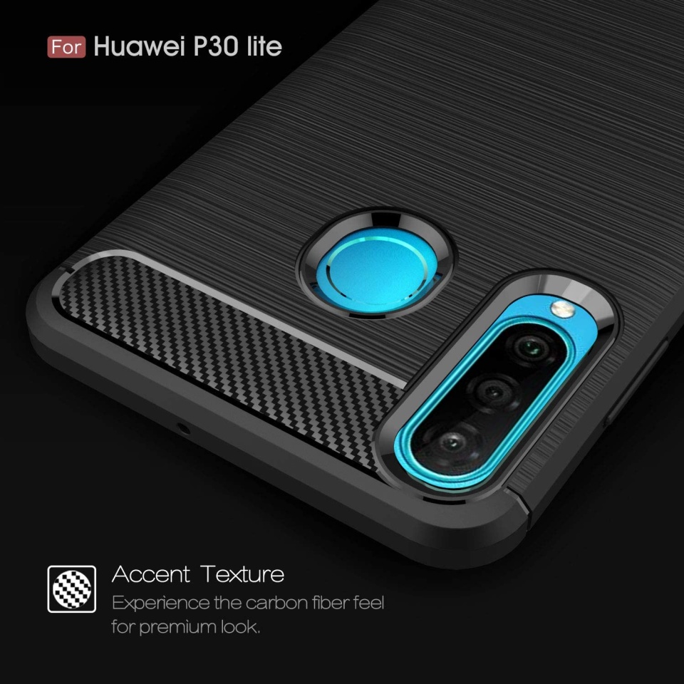 Husa pentru Huawei P30 Lite / P30 Lite New Edition, SKYDDAR INNOVATION, Carbon Silicone, din Silicon Slim, cu textura Fibra Carbon, set cu sticker, Negru - 3 | YEO