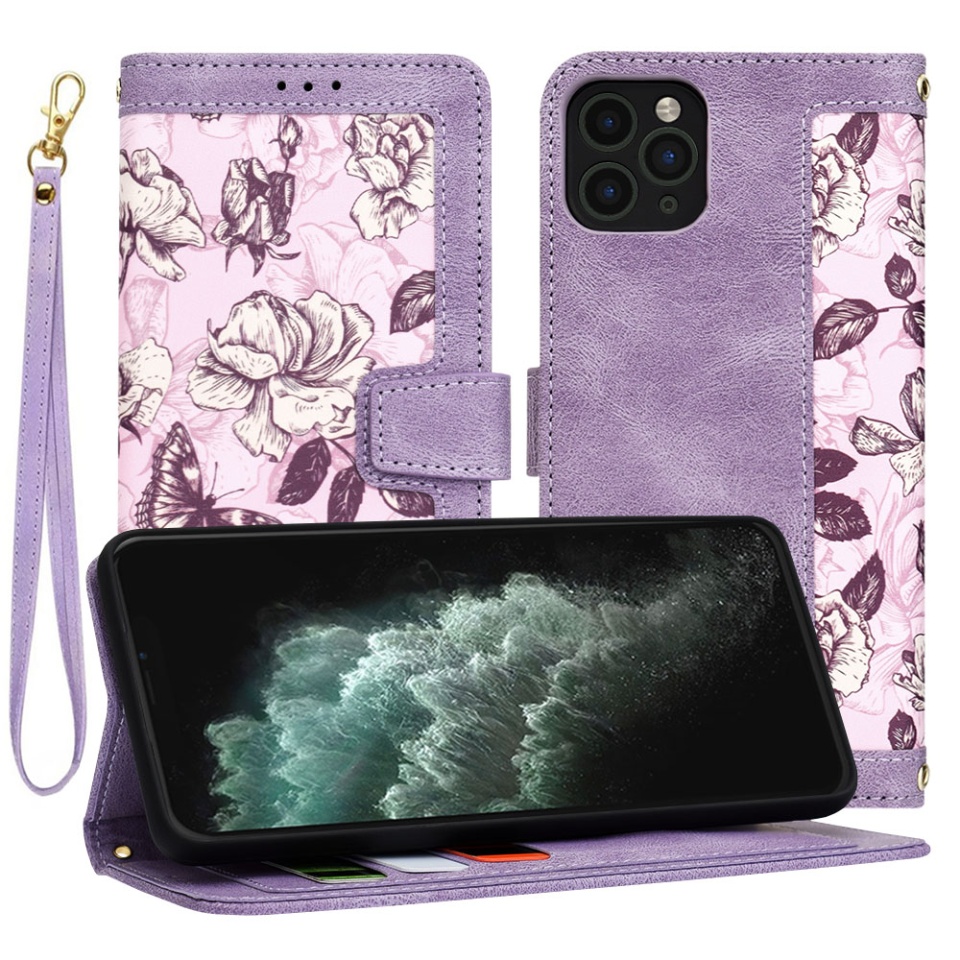 Husa pentru iPhone 11 Pro Max din Piele Ecologică cu Design Floral, Protecție 360°, Stand Integrat, Buzunare pentru Carduri, SKDR Floral Wallet - Mov