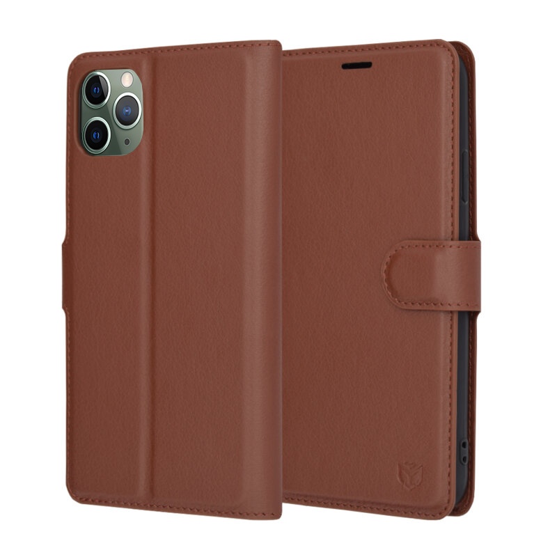 Husa pentru iPhone 11 Pro Max, SKYDDAR INNOVATION, Leather Folio tip Carte, cu Portofel Interior, Finisaje Premium, set cu sticker, Maro