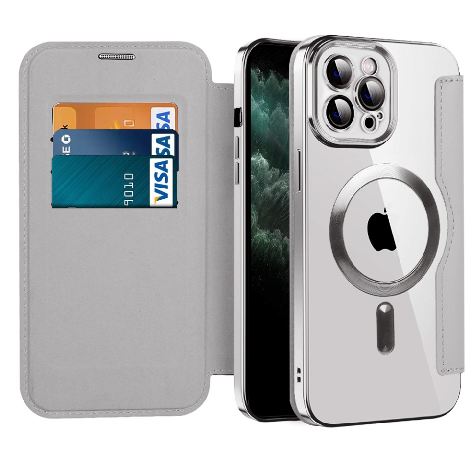 Husa pentru iPhone 11 Pro Max tip carte, SKYDDAR INOVATION, SmartMag Book, Magsafe, RFiD, Suport Carduri, set cu sticker, Gri