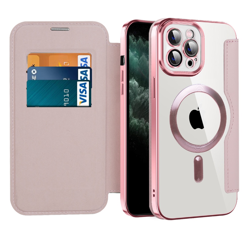 Husa pentru iPhone 11 Pro Max tip carte, SKYDDAR INOVATION, SmartMag Book, Magsafe, RFiD, Suport Carduri, set cu sticker, Roz