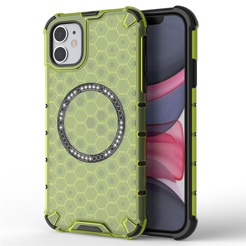 Husa pentru iPhone 11, SKYDDAR INNOVATION, HoneyComb Shield MagSafe, Antisoc, set cu sticker, Verde