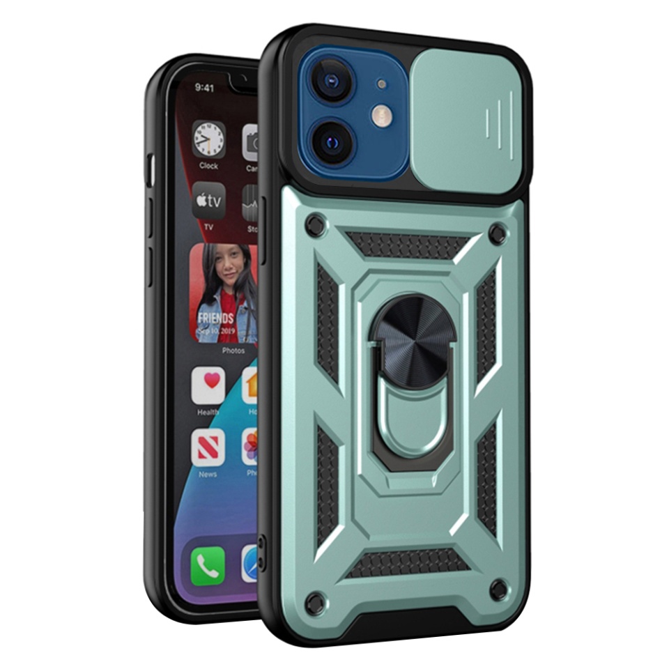 Husa pentru iPhone 12 / 12 Pro, SKYDDAR INNOVATION, CamShield, Verde, set cu sticker