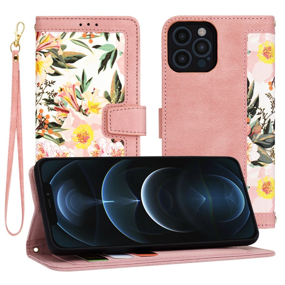 Husa pentru iPhone 12 Pro Max din Piele Ecologică cu Design Floral, Protecție 360°, Stand Integrat, Buzunare pentru Carduri, SKDR Floral Wallet - Roz