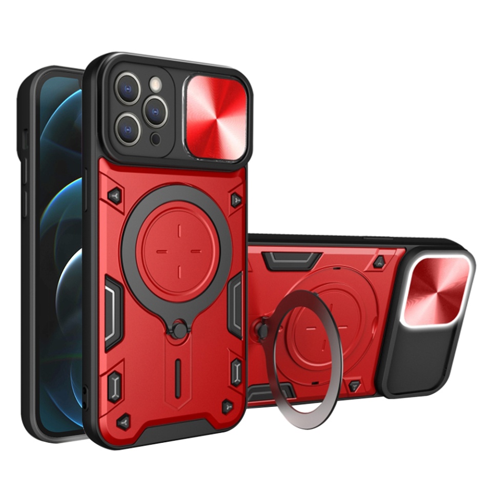 Husa pentru iPhone 12 Pro Max, SKYDDAR INNOVATION, CamGuard Pro, Inel Magnetic, Protectie Camera, Rosu, set cu sticker