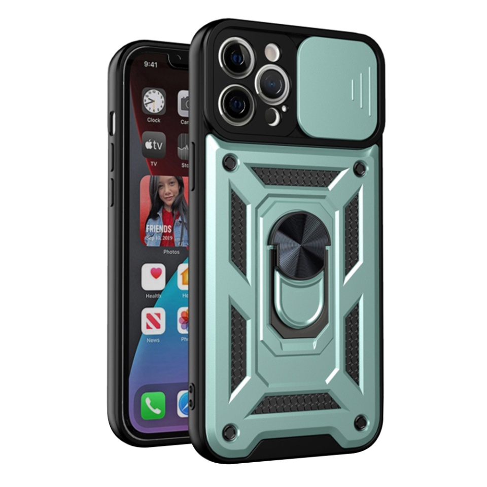 Husa pentru iPhone 12 Pro Max, SKYDDAR INNOVATION, CamShield, Inel magnetic, set cu sticker, Verde