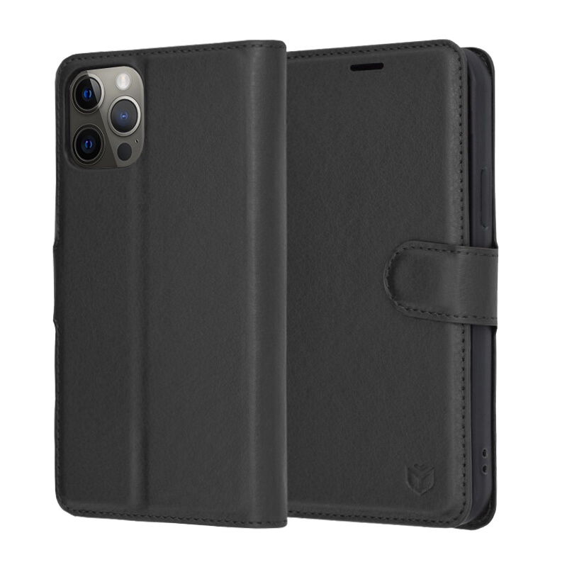 Husa pentru iPhone 12 Pro, SKYDDAR INNOVATION, Leather Folio tip Carte, cu Portofel Interior, Finisaje Premium, set cu sticker, Negru