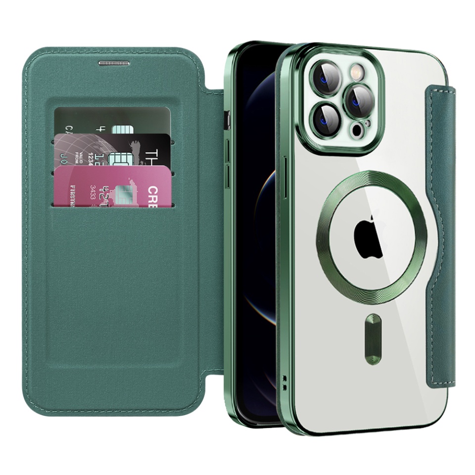 Husa pentru iPhone 12 Pro tip carte, SKYDDAR INOVATION, SmartMag Book, Magsafe, RFiD, Suport Carduri, set cu sticker, Verde