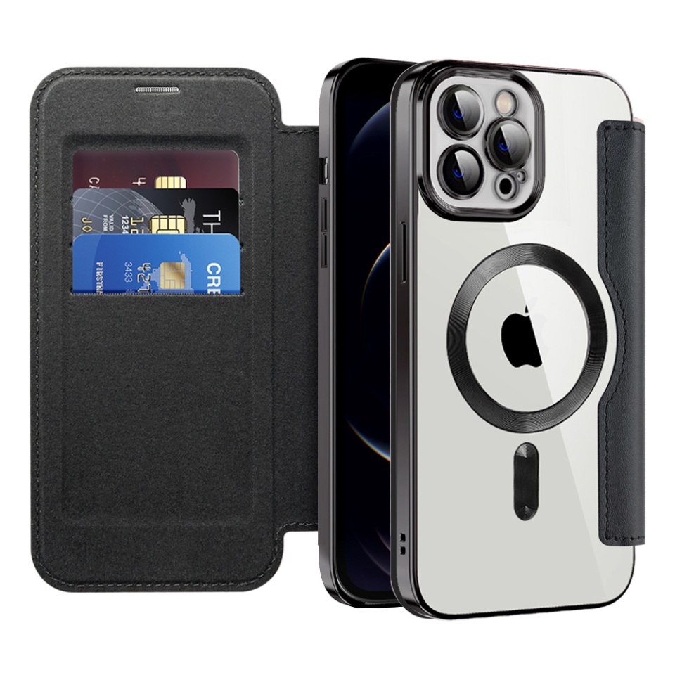 Husa pentru iPhone 12 Pro tip carte, SKYDDAR INOVATION, SmartMag Book, Magsafe, RFiD, Suport Carduri, set cu sticker, Negru