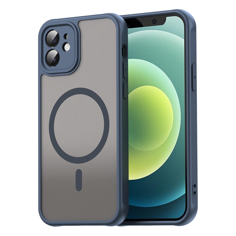 Husa pentru iPhone 12, SKYDDAR INNOVATION, HaloFrost MagSafe II, Antisoc, set cu sticker, Bleumarin