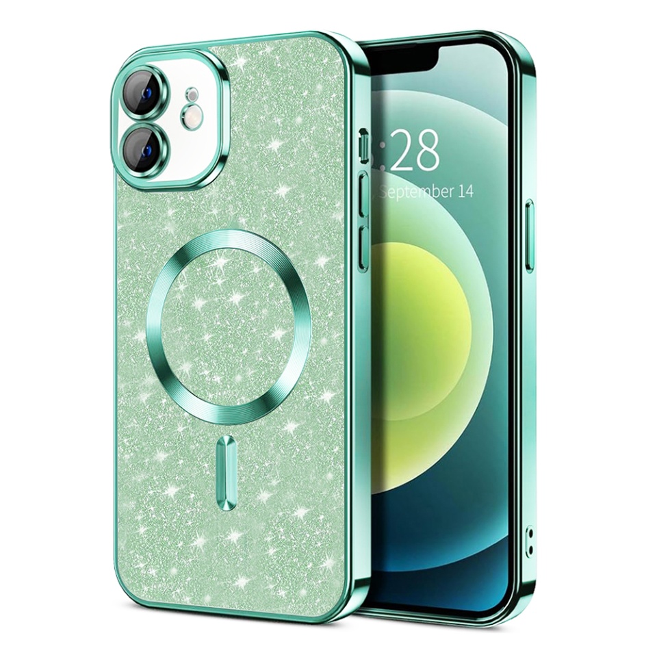 Husa pentru iPhone 12, SKYDDAR INNOVATION, Luxury Glitter Magsafe, Antisoc, Fundal Detasabil 2-in-1, Protectie Superioara, Margini Ridicate, Verde deschis, set cu sticker