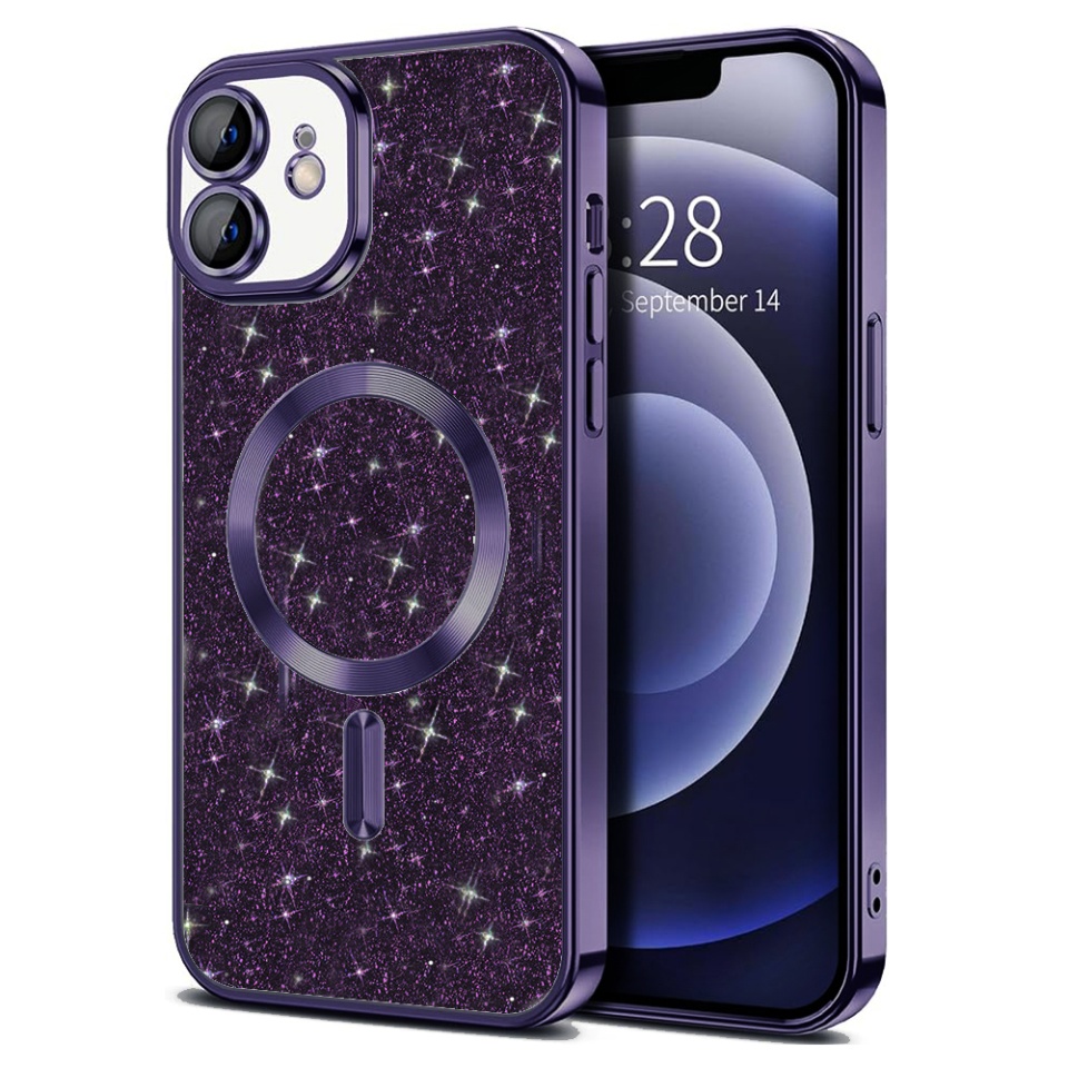 Husa pentru iPhone 12, SKYDDAR INNOVATION, Luxury Glitter Magsafe, Antisoc, Fundal Detasabil 2-in-1, Protectie Superioara, Margini Ridicate, Mov, set cu sticker