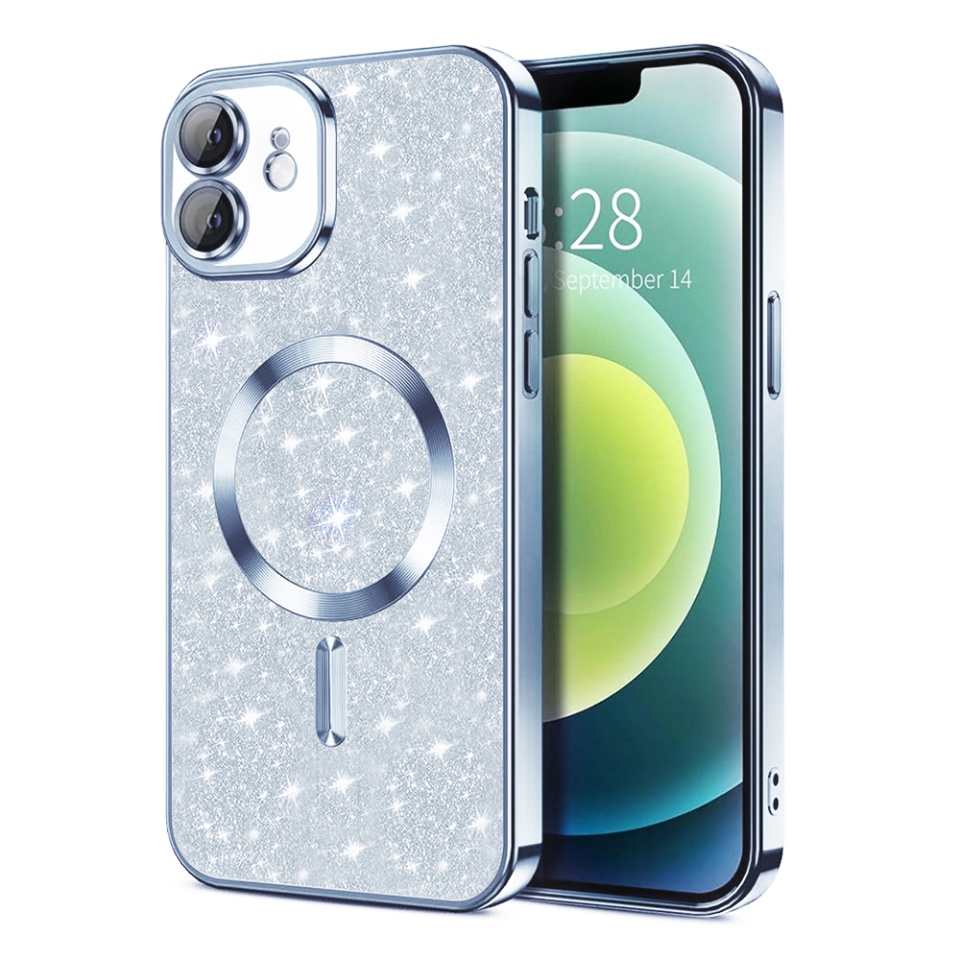 Husa pentru iPhone 12, SKYDDAR INNOVATION, Luxury Glitter Magsafe, Antisoc, Fundal Detasabil 2-in-1, Protectie Superioara, Margini Ridicate, Bleu, set cu sticker