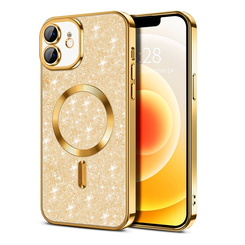 Husa pentru iPhone 12, SKYDDAR INNOVATION, Luxury Glitter Magsafe, Antisoc, Fundal Detasabil 2-in-1, Protectie Superioara, Margini Ridicate, Auriu, set cu sticker