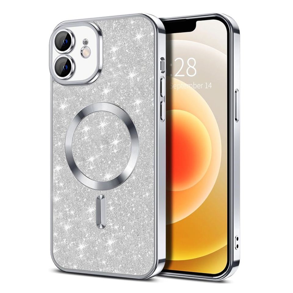 Husa pentru iPhone 12, SKYDDAR INNOVATION, Luxury Glitter Magsafe, Antisoc, Fundal Detasabil 2-in-1, Protectie Superioara, Margini Ridicate, Argintiu, set cu sticker
