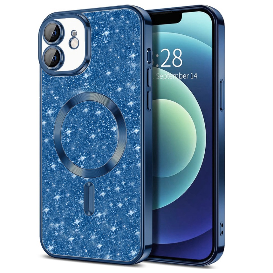 Husa pentru iPhone 12, SKYDDAR INNOVATION, Luxury Glitter Magsafe, Antisoc, Fundal Detasabil 2-in-1, Protectie Superioara, Margini Ridicate, Albastru, set cu sticker