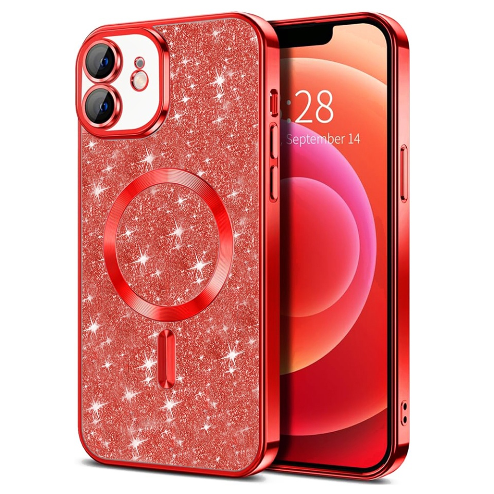 Husa pentru iPhone 12, SKYDDAR INNOVATION, Luxury Glitter Magsafe, Antisoc, Fundal Detasabil 2-in-1, Protectie Superioara, Margini Ridicate, Rosu, set cu sticker
