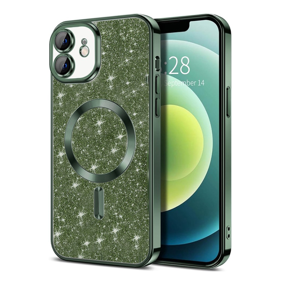 Husa pentru iPhone 12, SKYDDAR INNOVATION, Luxury Glitter Magsafe, Antisoc, Fundal Detasabil 2-in-1, Protectie Superioara, Margini Ridicate, Verde, set cu sticker