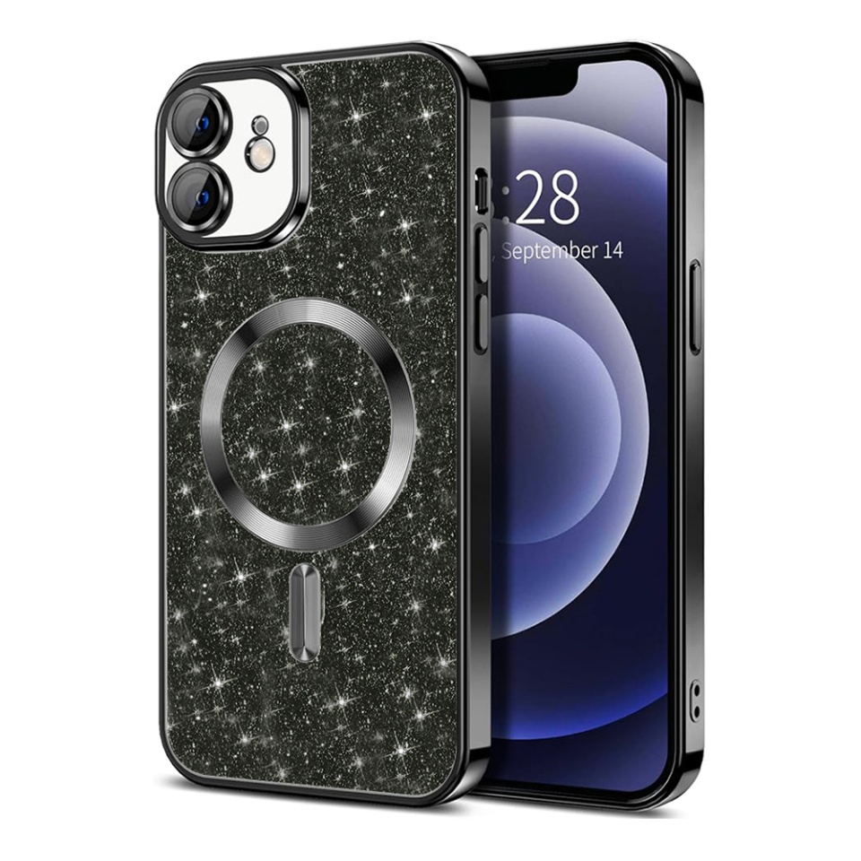 Husa pentru iPhone 12, SKYDDAR INNOVATION, Luxury Glitter Magsafe, Antisoc, Fundal Detasabil 2-in-1, Protectie Superioara, Margini Ridicate, Negru, set cu sticker