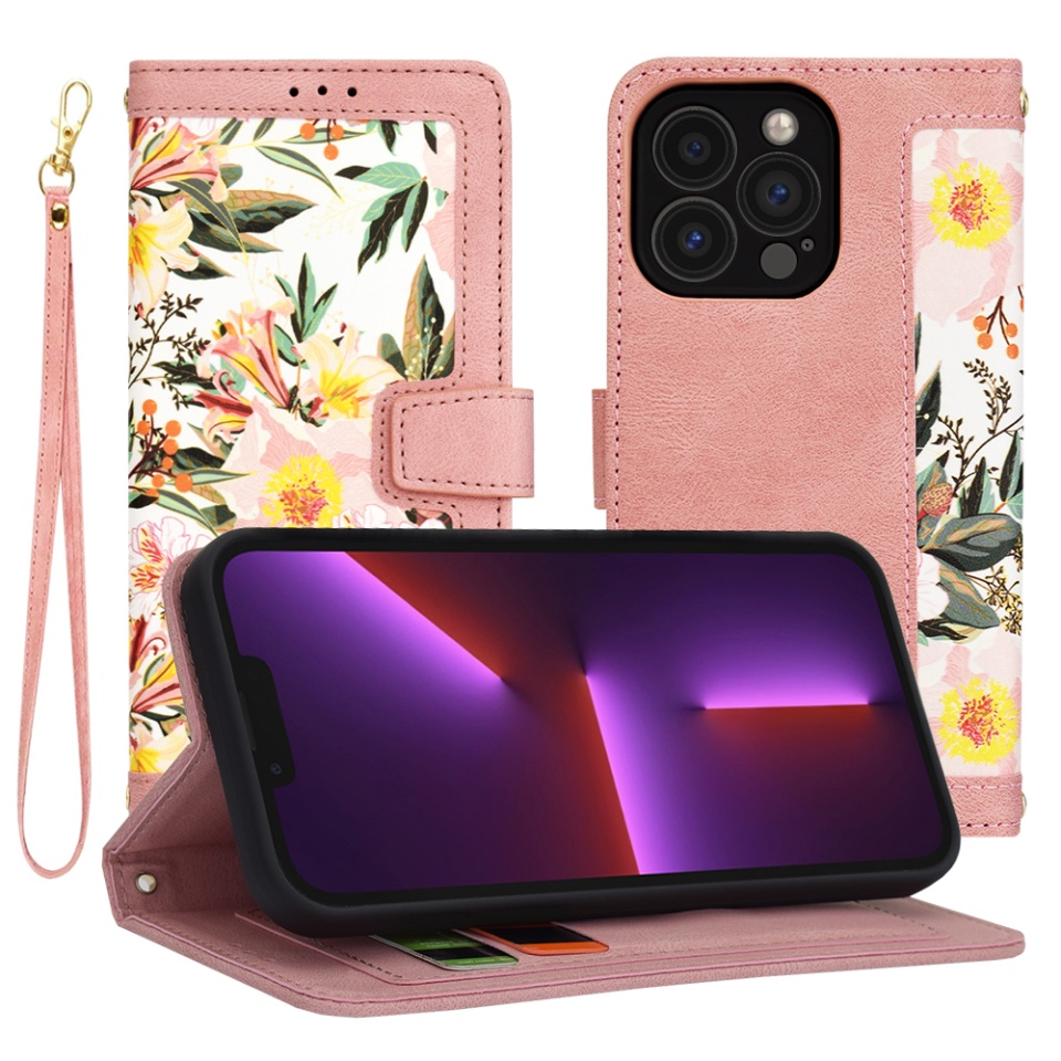 Husa pentru iPhone 13 Pro din Piele Ecologică cu Design Floral, Protecție 360°, Stand Integrat, Buzunare pentru Carduri, SKDR Floral Wallet - Roz