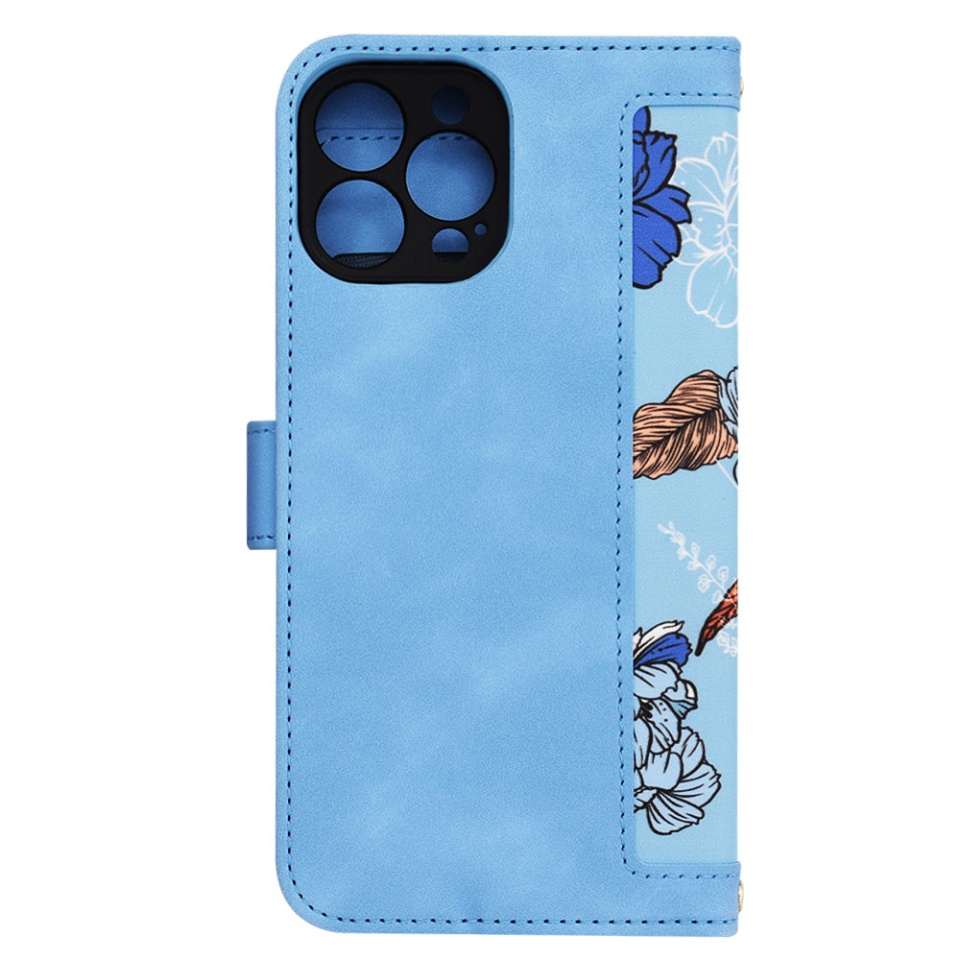 Husa pentru iPhone 13 Pro Max din Piele Ecologică cu Design Floral, Protecție 360°, Stand Integrat, Buzunare pentru Carduri, SKDR Floral Wallet - Bleu - 2 | YEO