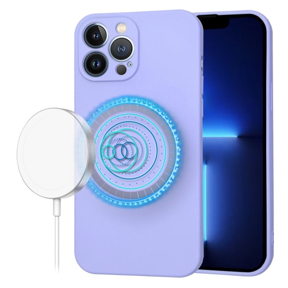 Husa pentru iPhone 13 Pro Max, SKYDDAR INNOVATION, din Silicon Catifelat, SoftFlex Magsafe, Violet, set cu sticker