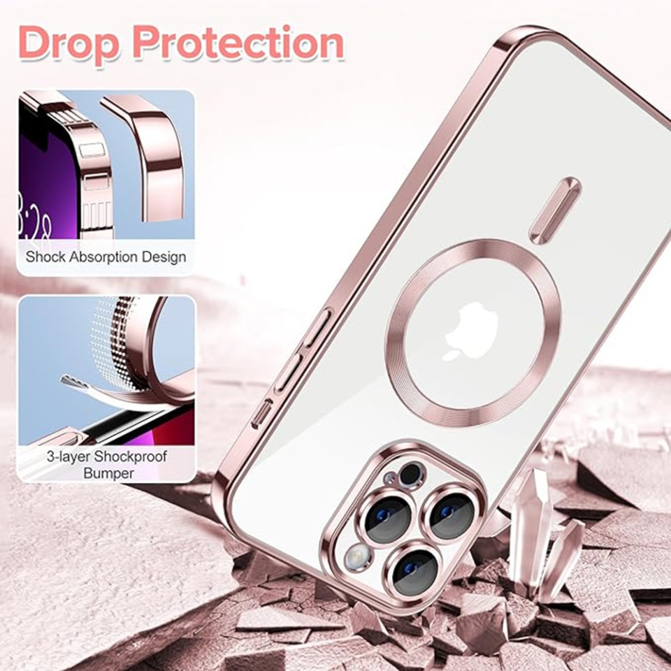 Husa pentru iPhone 13 Pro Max, SKYDDAR INNOVATION, Luxury Shield Magsafe, Protectie Antisoc, Roz, set cu sticker - 2 | YEO