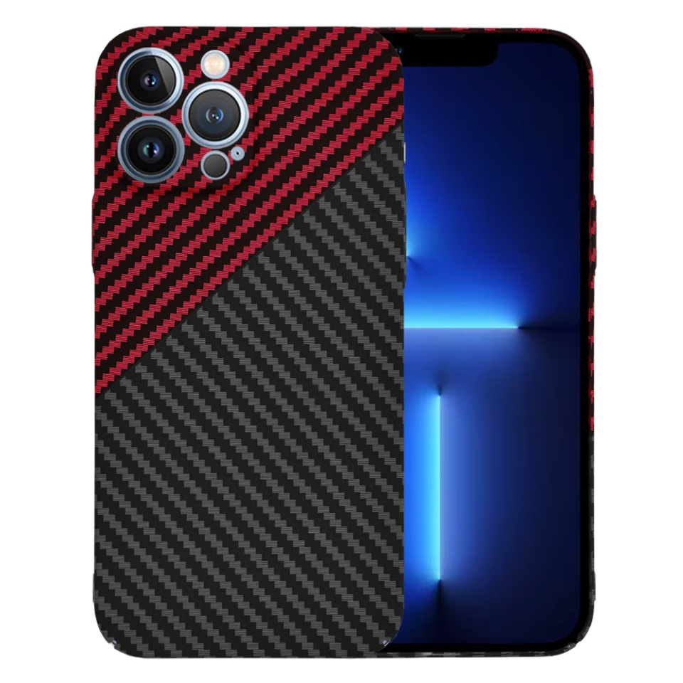 Husa pentru iPhone 13 Pro Max, SKYDDAR INNOVATION, textura carbon, Carbonite FiberShell, Rosu inchis, set cu sticker
