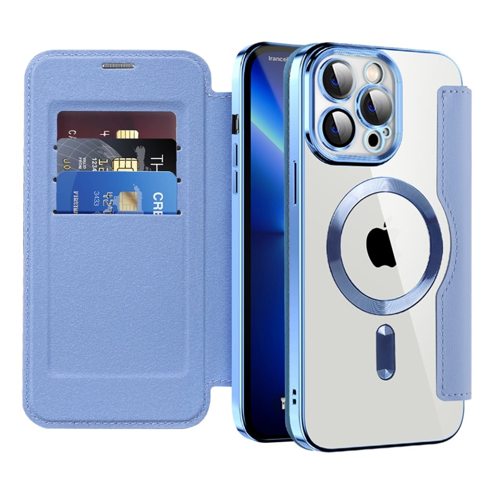 Husa pentru iPhone 13 Pro Max tip carte, SKYDDAR INOVATION, SmartMag Book, Magsafe, RFiD, Suport Carduri, set cu sticker, Bleu