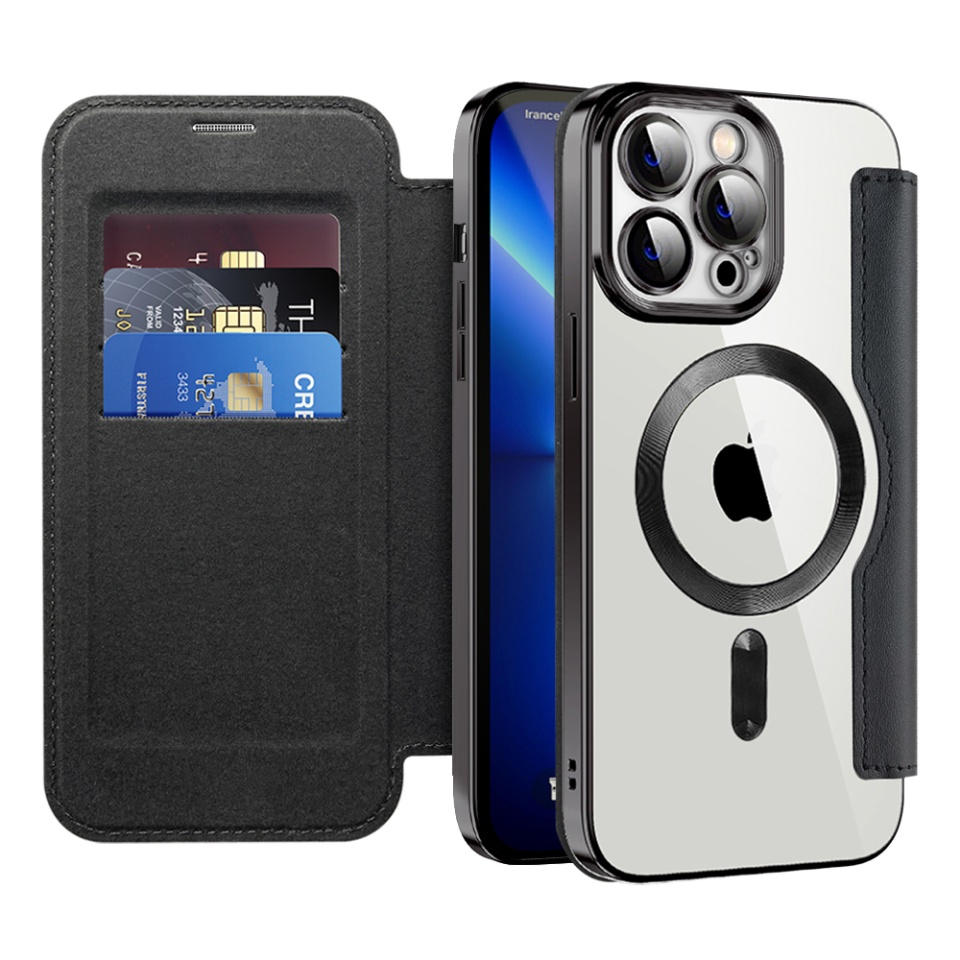 Husa pentru iPhone 13 Pro Max tip carte, SKYDDAR INOVATION, SmartMag Book, Magsafe, RFiD, Suport Carduri, set cu sticker, Negru