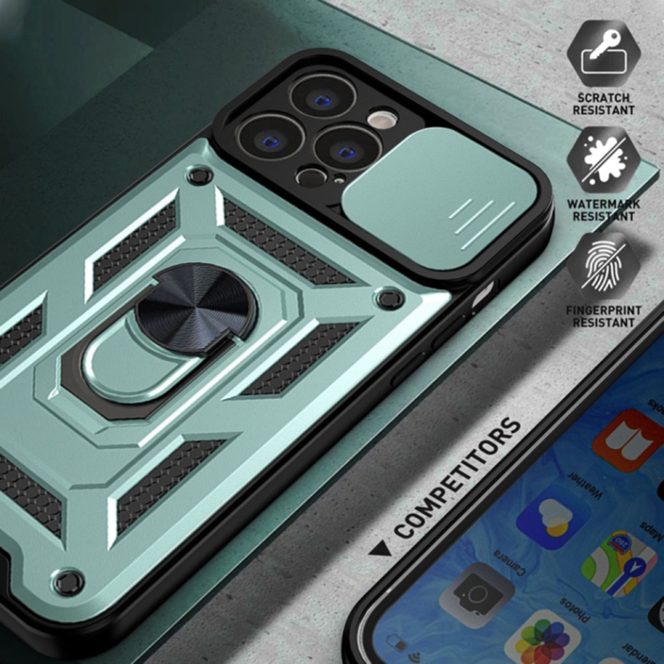 Husa pentru iPhone 13 Pro, SKYDDAR INNOVATION, CamShield, Verde, set cu sticker - 1 | YEO