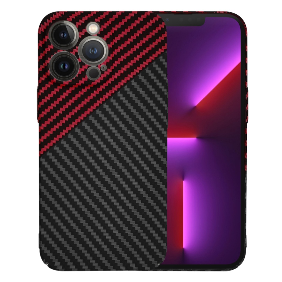 Husa pentru iPhone 13 Pro, SKYDDAR INNOVATION, textura carbon, Carbonite FiberShell, Rosu inchis, set cu sticker