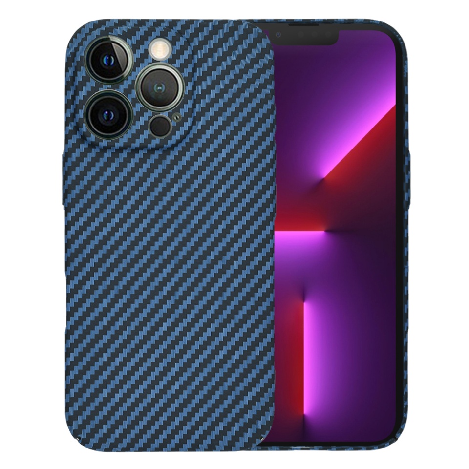 Husa pentru iPhone 13 Pro, SKYDDAR INNOVATION, textura carbon, Carbonite FiberShell, Cyan, set cu sticker