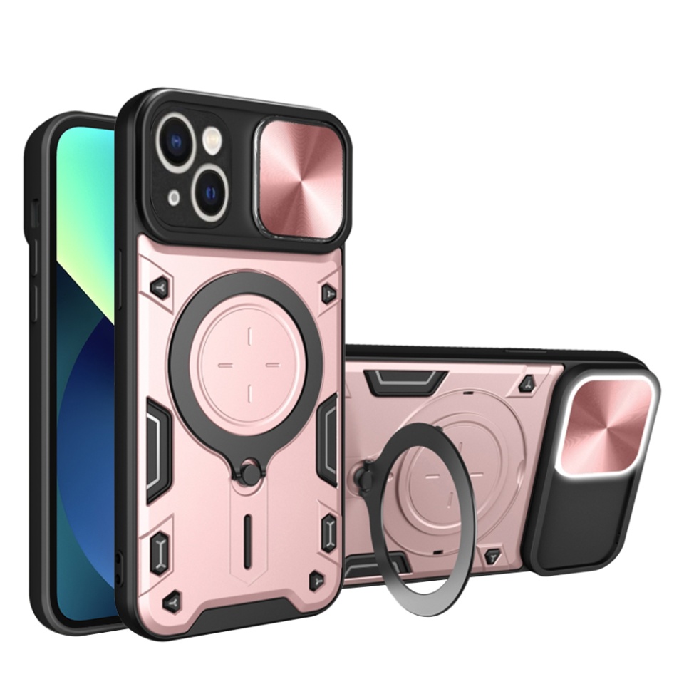 Husa pentru iPhone 13, SKYDDAR INNOVATION, CamGuard Pro, Inel Magnetic, Protectie Camera, Roz auriu, set cu sticker