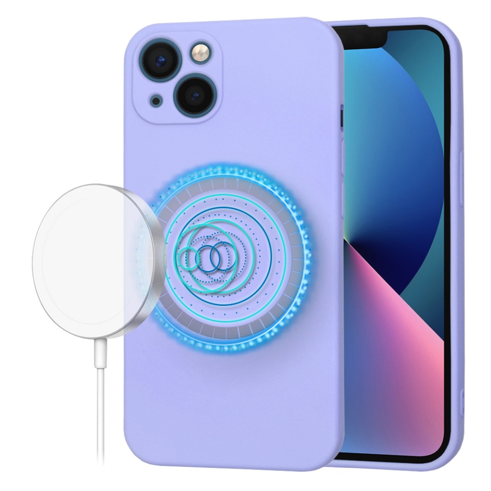 Husa pentru iPhone 13, SKYDDAR INNOVATION, din Silicon Catifelat, SoftFlex Magsafe, Violet, set cu sticker