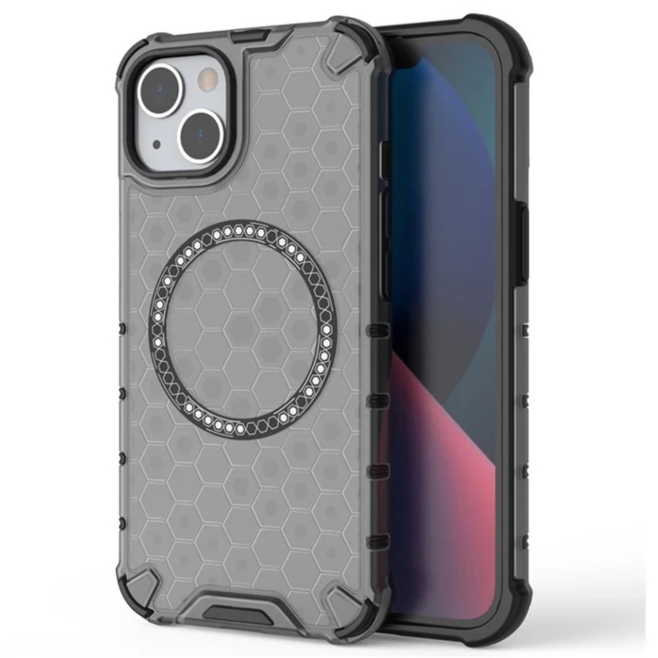 Husa pentru iPhone 13, SKYDDAR INNOVATION, HoneyComb Shield MagSafe, Negru, set cu sticker