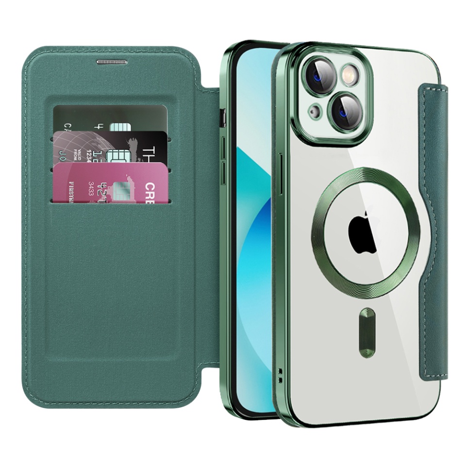 Husa pentru iPhone 13 tip carte, SKYDDAR INOVATION, SmartMag Book, Magsafe, RFiD, Suport Carduri, set cu sticker, Verde