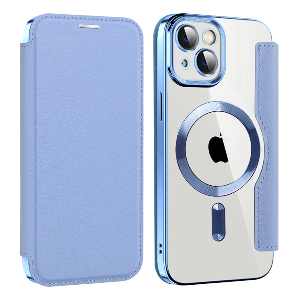 Husa pentru iPhone 13 tip carte, SKYDDAR INOVATION, SmartMag Book, Magsafe, RFiD, Suport Carduri, set cu sticker, Bleu - 1 | YEO