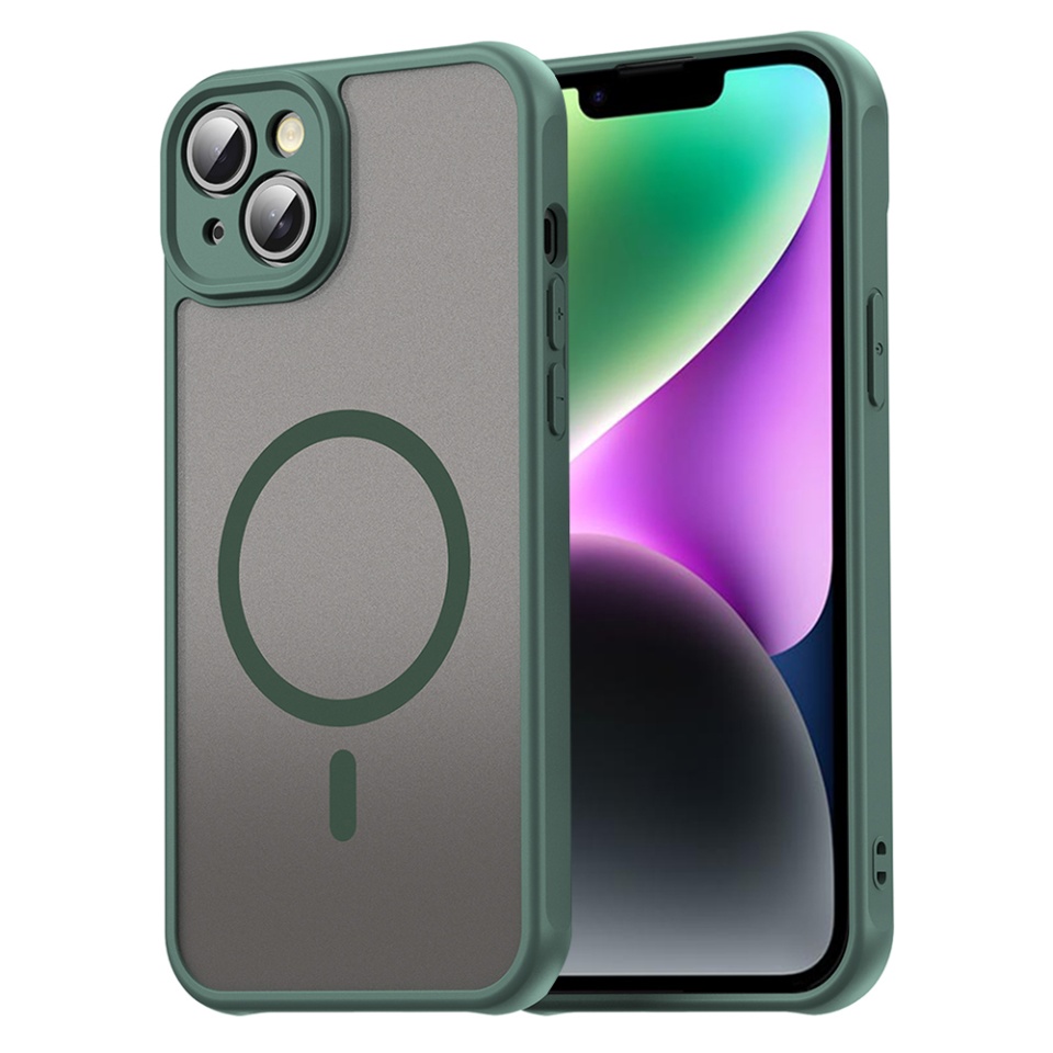 Husa pentru iPhone 14 Plus, SKYDDAR INNOVATION, HaloFrost MagSafe II, Antisoc, set cu sticker, Verde