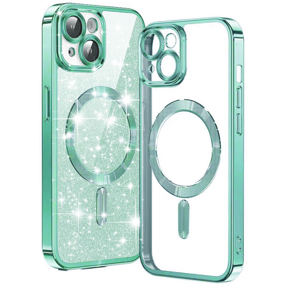Husa pentru iPhone 14 Plus, SKYDDAR INNOVATION, Luxury Glitter Magsafe, Antisoc, Fundal Detasabil 2-in-1, Protectie Superioara, Margini Ridicate, Verde deschis, set cu sticker