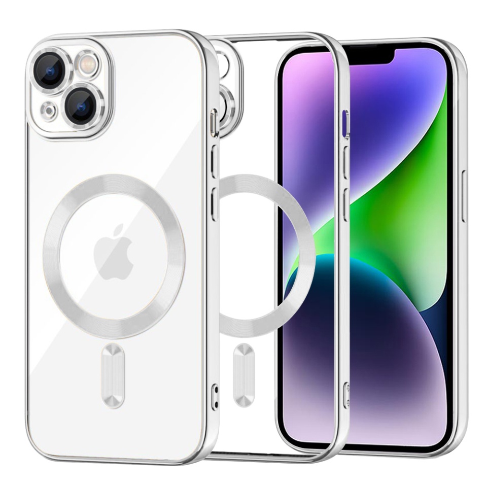 Husa pentru iPhone 14 Plus, SKYDDAR INNOVATION, Luxury Shield Magsafe, Protectie Antisoc, Argintiu, set cu sticker